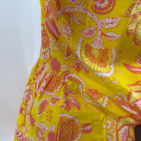 La Plage S Yellow Coral Floral Block Print Dress Short Sleeve, 100% Cotton - Picture 12 of 12